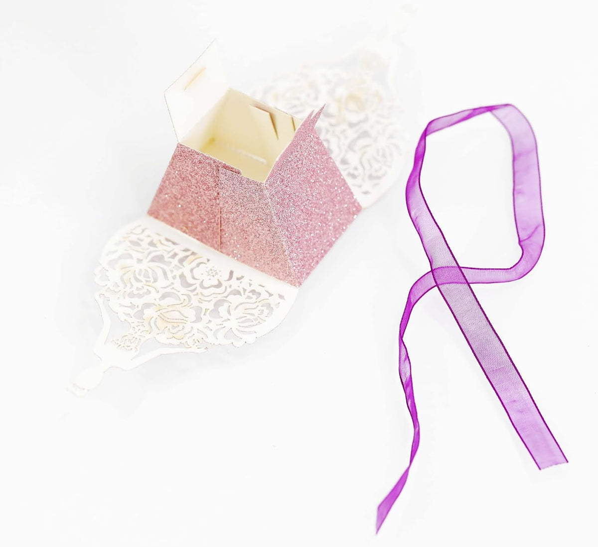 50 Pack Girls Laser Cut Wedding Party Favor Box Candy Bag Chocolate Gift Boxes Bridal Birthday Shower Bomboniere with Ribbons Candy Boxes Glitter Hollow Out Wedding Favor Boxes, Peach