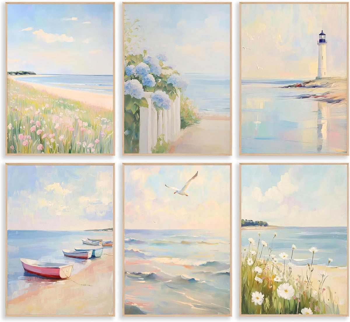 Kabcod 6Pcs Pastel Coastal Wall Art Pink Beach Blue Hydrangea Pictures Wall Decor Ocean Wildflowers Posters Beachy Preppy Canvas Print Artwork for Teen Girls Bedroom Dorm Apartment 8X10in Unframed