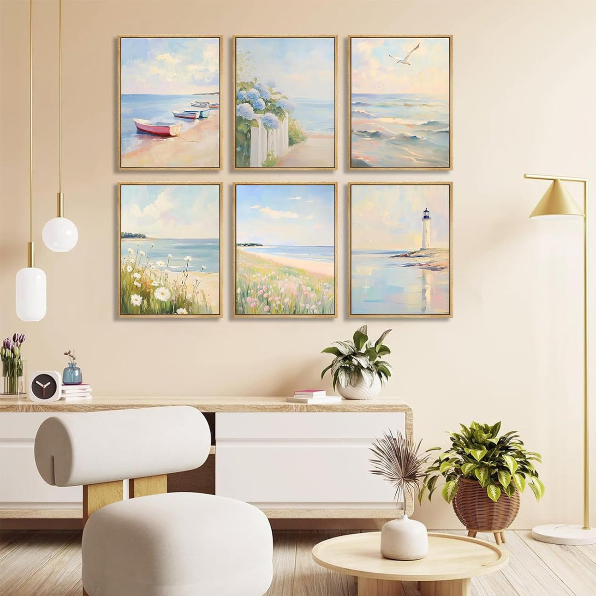 Kabcod 6Pcs Pastel Coastal Wall Art Pink Beach Blue Hydrangea Pictures Wall Decor Ocean Wildflowers Posters Beachy Preppy Canvas Print Artwork for Teen Girls Bedroom Dorm Apartment 8X10in Unframed