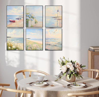 Kabcod 6Pcs Pastel Coastal Wall Art Pink Beach Blue Hydrangea Pictures Wall Decor Ocean Wildflowers Posters Beachy Preppy Canvas Print Artwork for Teen Girls Bedroom Dorm Apartment 8X10in Unframed