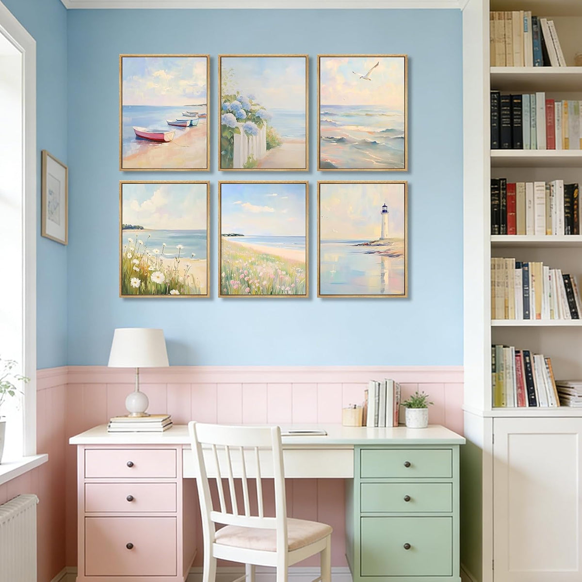 Kabcod 6Pcs Pastel Coastal Wall Art Pink Beach Blue Hydrangea Pictures Wall Decor Ocean Wildflowers Posters Beachy Preppy Canvas Print Artwork for Teen Girls Bedroom Dorm Apartment 8X10in Unframed