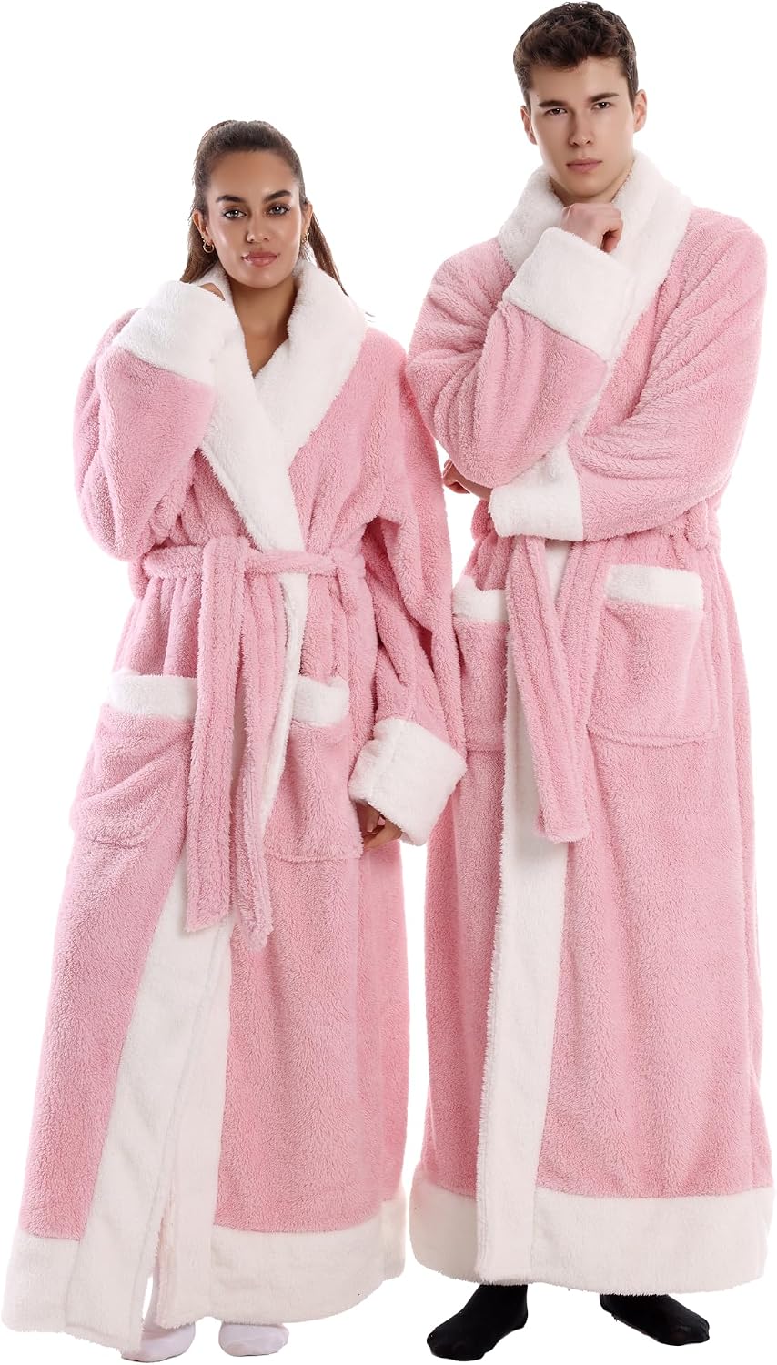 Capecage Robe for Men and Women,Hoodless Shawl Collar Robe Long Flannel Fleece, Belt and Two Pockets, Warm Lounge Housecoat.