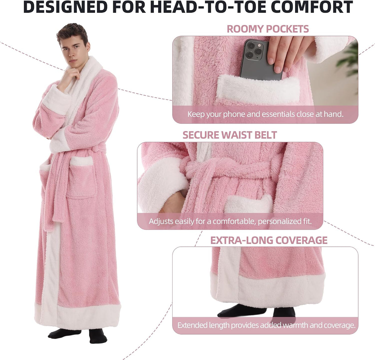 Capecage Robe for Men and Women,Hoodless Shawl Collar Robe Long Flannel Fleece, Belt and Two Pockets, Warm Lounge Housecoat.