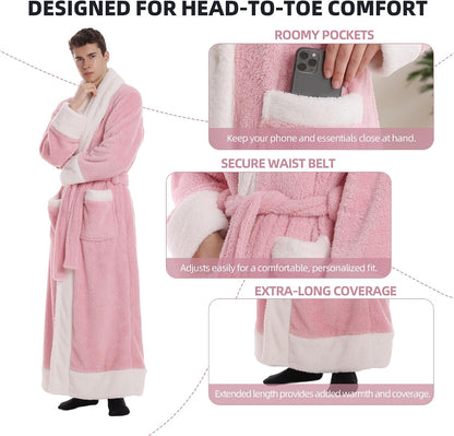 Capecage Robe for Men and Women,Hoodless Shawl Collar Robe Long Flannel Fleece, Belt and Two Pockets, Warm Lounge Housecoat.