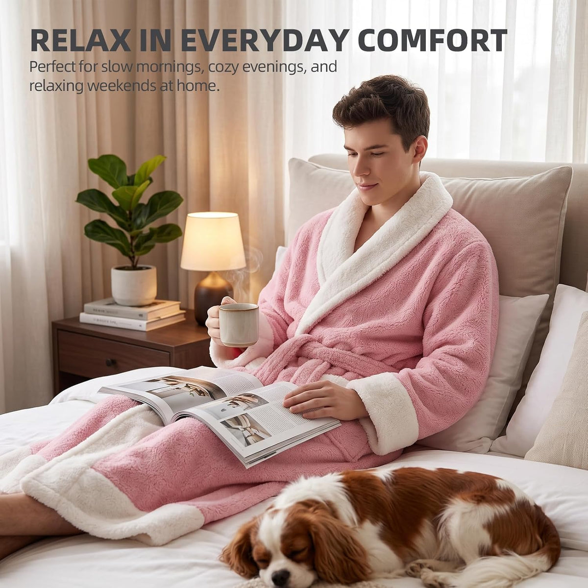 Capecage Robe for Men and Women,Hoodless Shawl Collar Robe Long Flannel Fleece, Belt and Two Pockets, Warm Lounge Housecoat.