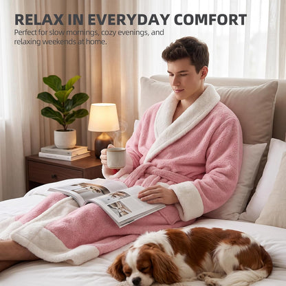 Capecage Robe for Men and Women,Hoodless Shawl Collar Robe Long Flannel Fleece, Belt and Two Pockets, Warm Lounge Housecoat.
