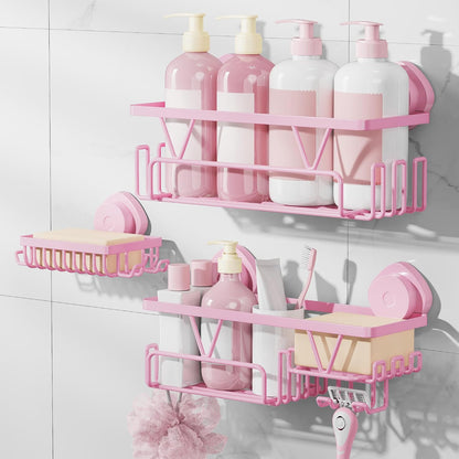 Suction Cup Shower Caddy 3 Pack, Bathroom Storage Shelf, Pink