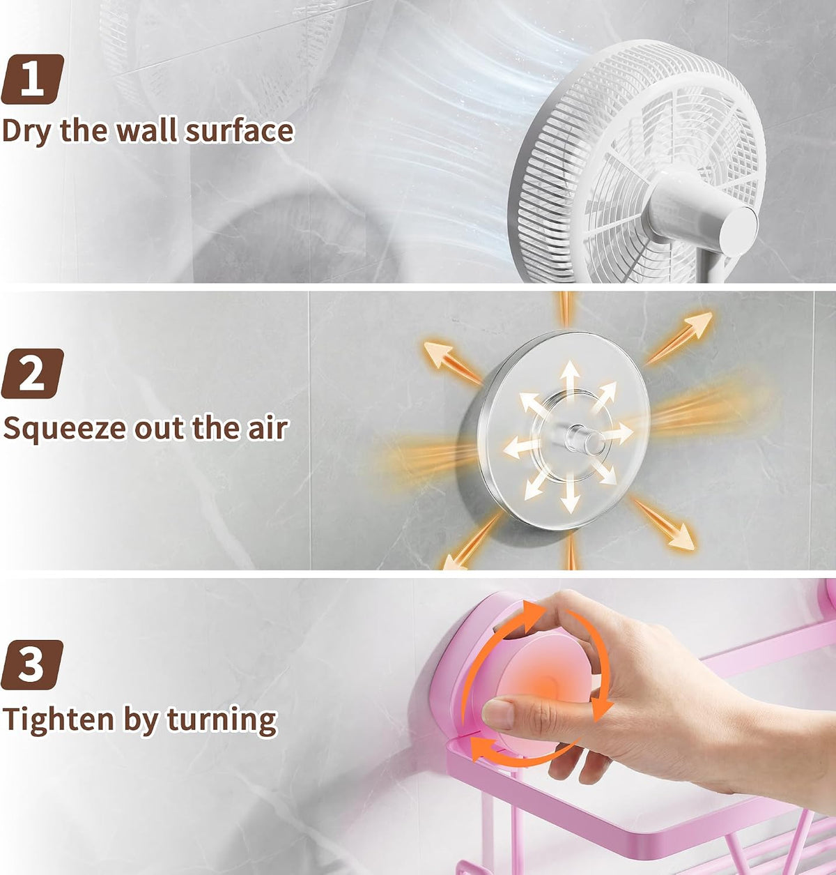 Suction Cup Shower Caddy 3 Pack, Bathroom Storage Shelf, Pink