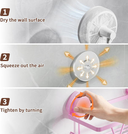 Suction Cup Shower Caddy 3 Pack, Bathroom Storage Shelf, Pink