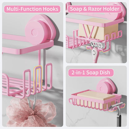 Suction Cup Shower Caddy 3 Pack, Bathroom Storage Shelf, Pink