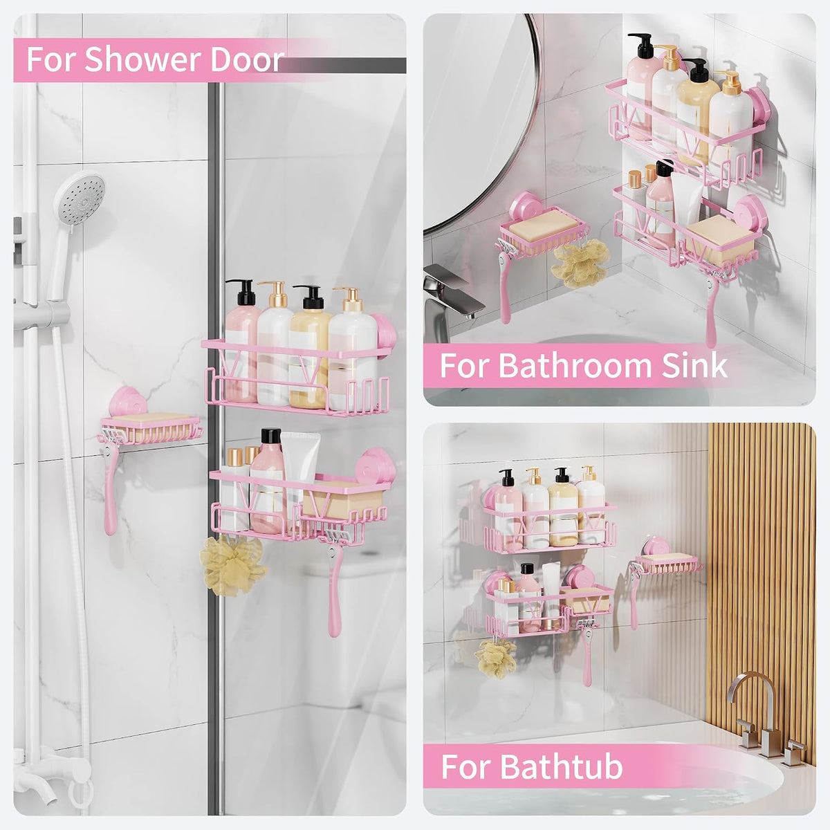 Suction Cup Shower Caddy 3 Pack, Bathroom Storage Shelf, Pink