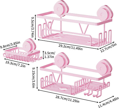 Suction Cup Shower Caddy 3 Pack, Bathroom Storage Shelf, Pink