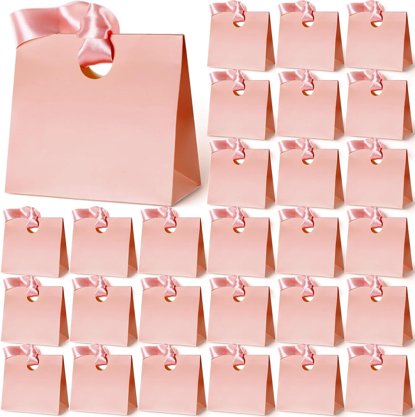 Feifeiya 30 Pcs Small Pink Gift Bags with Ribbon Handles 7.87" x 3.54" x 7.09" Bulk Paper Goodie Bags for Birthday Wedding Bridal Baby Shower Party Favors