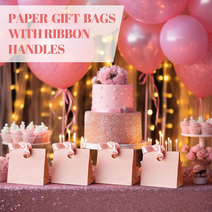 Feifeiya 30 Pcs Small Pink Gift Bags with Ribbon Handles 7.87" x 3.54" x 7.09" Bulk Paper Goodie Bags for Birthday Wedding Bridal Baby Shower Party Favors