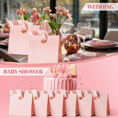 Feifeiya 30 Pcs Small Pink Gift Bags with Ribbon Handles 7.87" x 3.54" x 7.09" Bulk Paper Goodie Bags for Birthday Wedding Bridal Baby Shower Party Favors