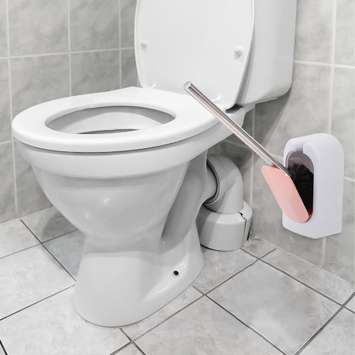 Wall-Mounted Heavy Duty Toilet Brush with Holder Long Handle Plastic Toilet Brush for Deep Bathroom Cleaning Soft Bristle in Nordic Pink