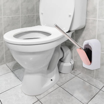 Wall-Mounted Heavy Duty Toilet Brush with Holder Long Handle Plastic Toilet Brush for Deep Bathroom Cleaning Soft Bristle in Nordic Pink