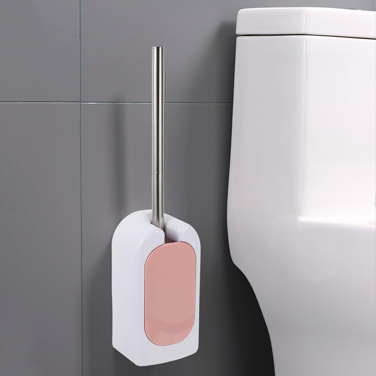 Wall-Mounted Heavy Duty Toilet Brush with Holder Long Handle Plastic Toilet Brush for Deep Bathroom Cleaning Soft Bristle in Nordic Pink