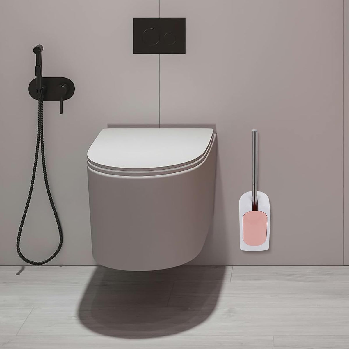 Wall-Mounted Heavy Duty Toilet Brush with Holder Long Handle Plastic Toilet Brush for Deep Bathroom Cleaning Soft Bristle in Nordic Pink