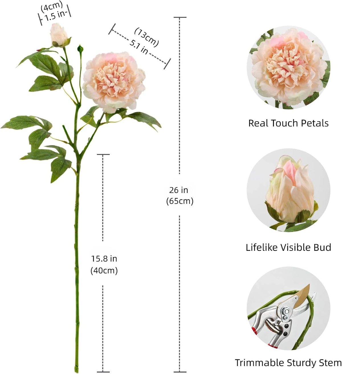 3Pcs Real Touch Artificial Peonies,Champagne Pink Faux Silk Flowers