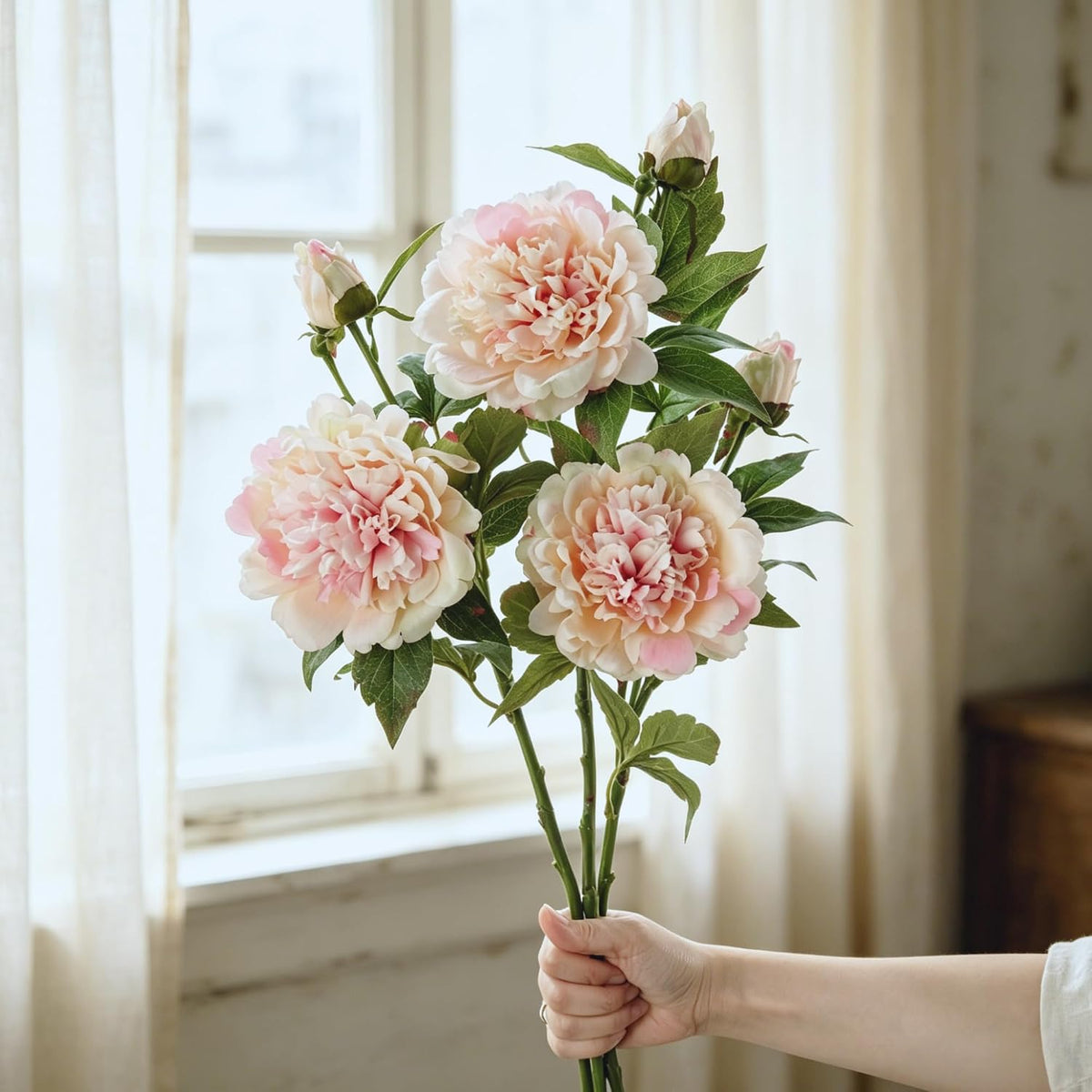 3Pcs Real Touch Artificial Peonies,Champagne Pink Faux Silk Flowers