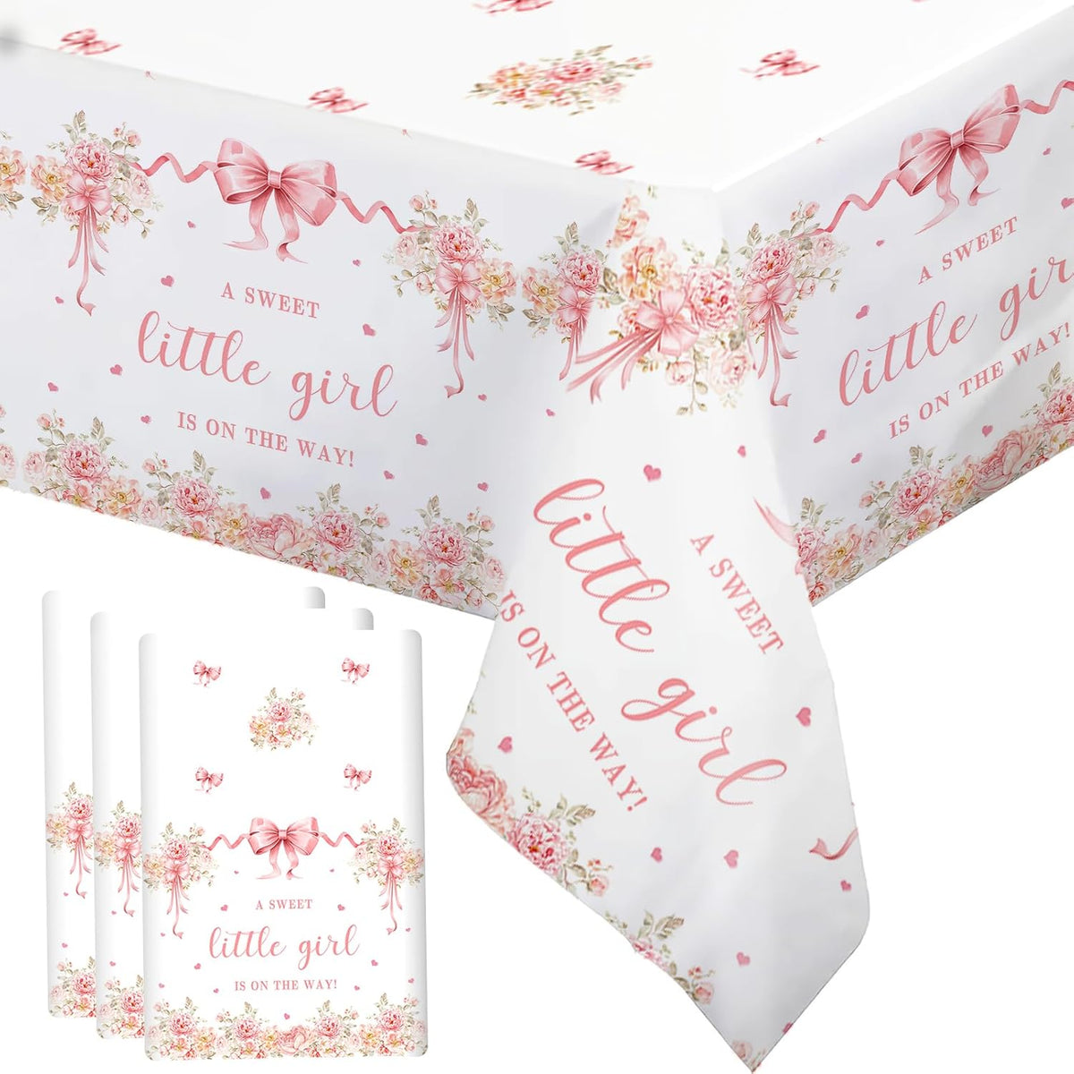 3 Pcs Pink Bow Baby Shower Disposable Tablecloths,108x54inch