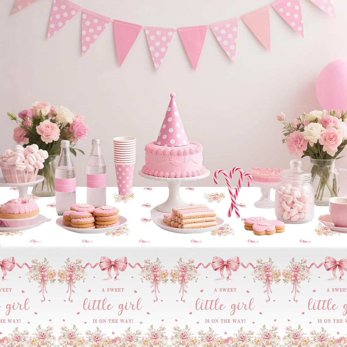 3 Pcs Pink Bow Baby Shower Disposable Tablecloths,108x54inch