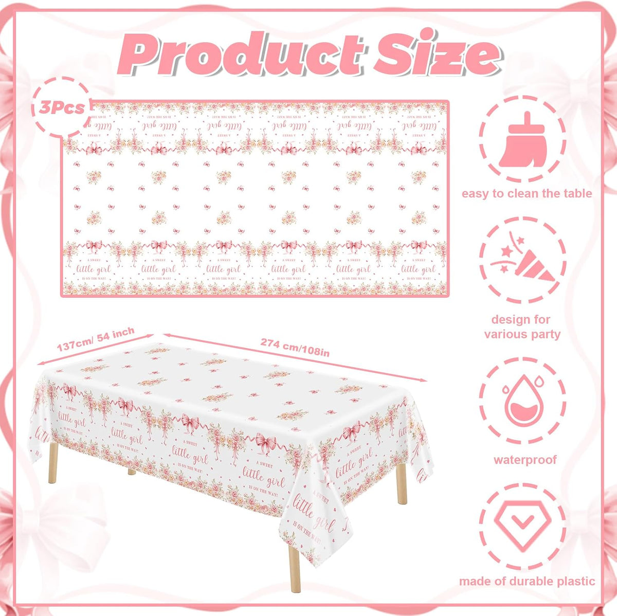 3 Pcs Pink Bow Baby Shower Disposable Tablecloths,108x54inch