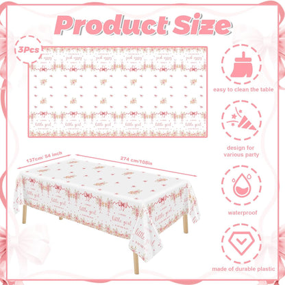 3 Pcs Pink Bow Baby Shower Disposable Tablecloths,108x54inch