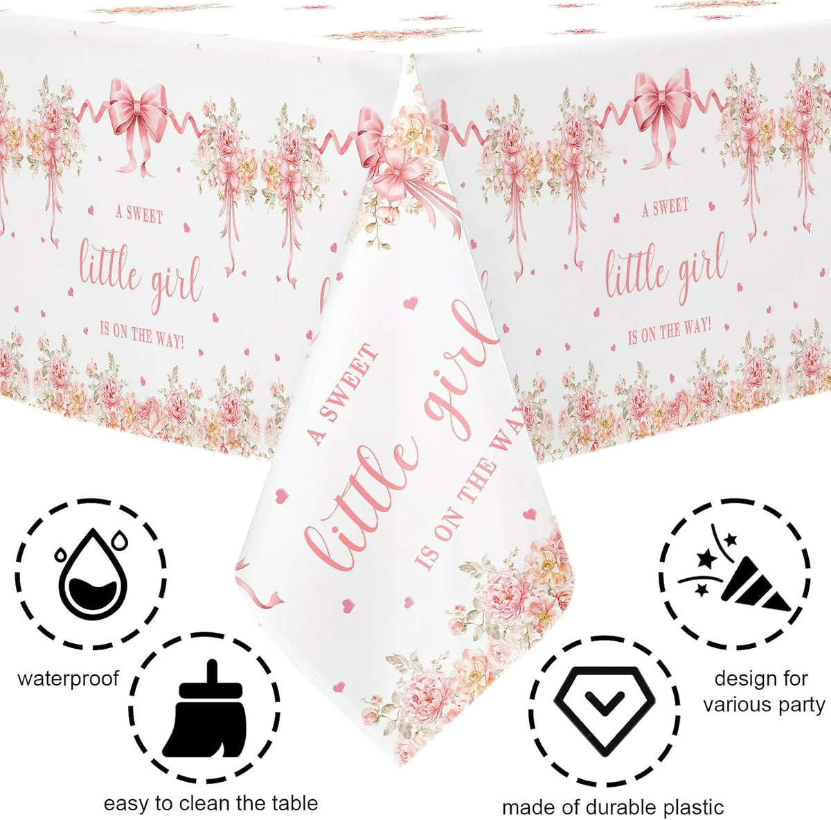 3 Pcs Pink Bow Baby Shower Disposable Tablecloths,108x54inch
