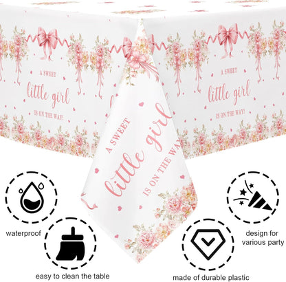 3 Pcs Pink Bow Baby Shower Disposable Tablecloths,108x54inch