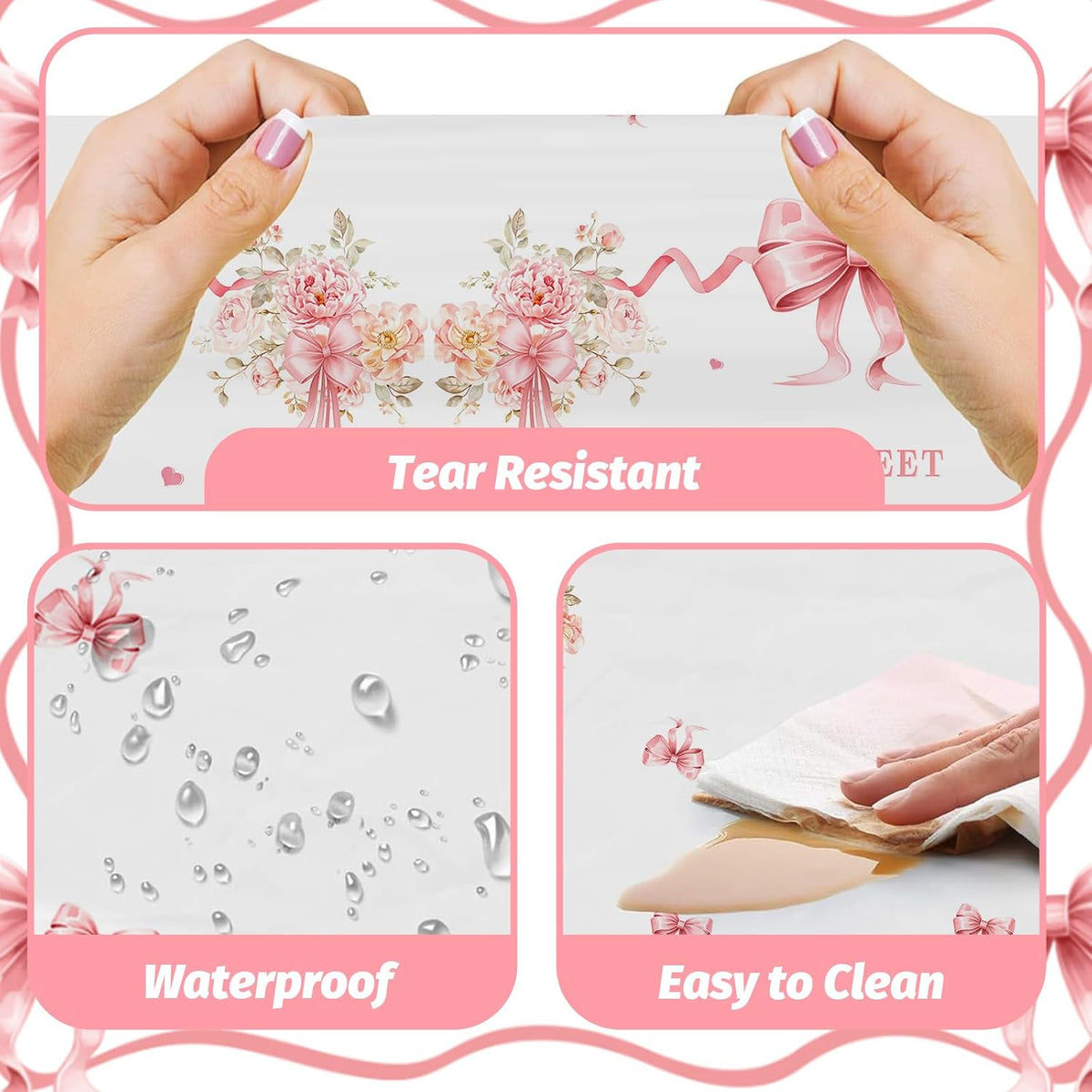 3 Pcs Pink Bow Baby Shower Disposable Tablecloths,108x54inch