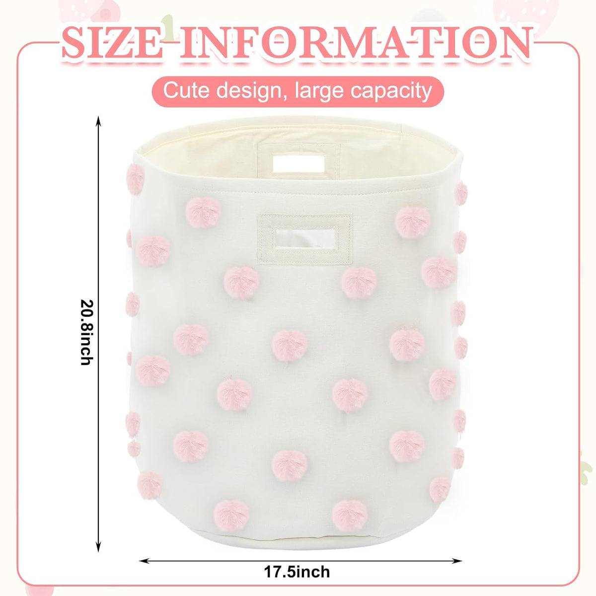 Pink 17.5" D x 20.8" H Pom Pom Basket Bin Large Cotton Canvas Laundry Hamper Baby Girl Laundry Basket Storage, Baby Nursery Hamper for Nursery Playroom Home Room Organizer Decor