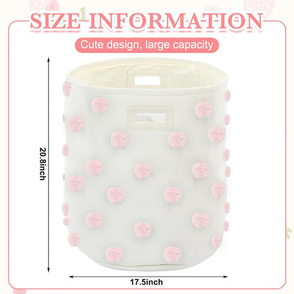 Pink 17.5" D x 20.8" H Pom Pom Basket Bin Large Cotton Canvas Laundry Hamper Baby Girl Laundry Basket Storage, Baby Nursery Hamper for Nursery Playroom Home Room Organizer Decor