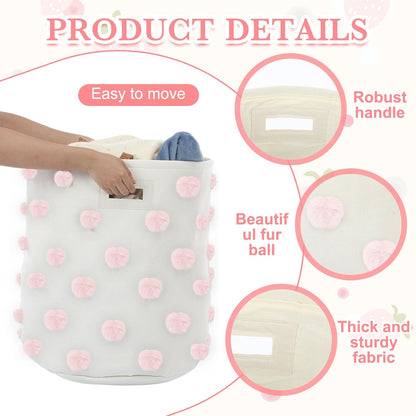 Pink 17.5" D x 20.8" H Pom Pom Basket Bin Large Cotton Canvas Laundry Hamper Baby Girl Laundry Basket Storage, Baby Nursery Hamper for Nursery Playroom Home Room Organizer Decor