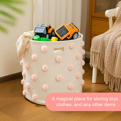 Pink 17.5" D x 20.8" H Pom Pom Basket Bin Large Cotton Canvas Laundry Hamper Baby Girl Laundry Basket Storage, Baby Nursery Hamper for Nursery Playroom Home Room Organizer Decor