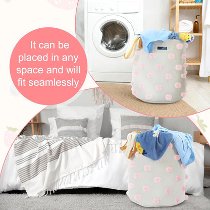 Pink 17.5" D x 20.8" H Pom Pom Basket Bin Large Cotton Canvas Laundry Hamper Baby Girl Laundry Basket Storage, Baby Nursery Hamper for Nursery Playroom Home Room Organizer Decor
