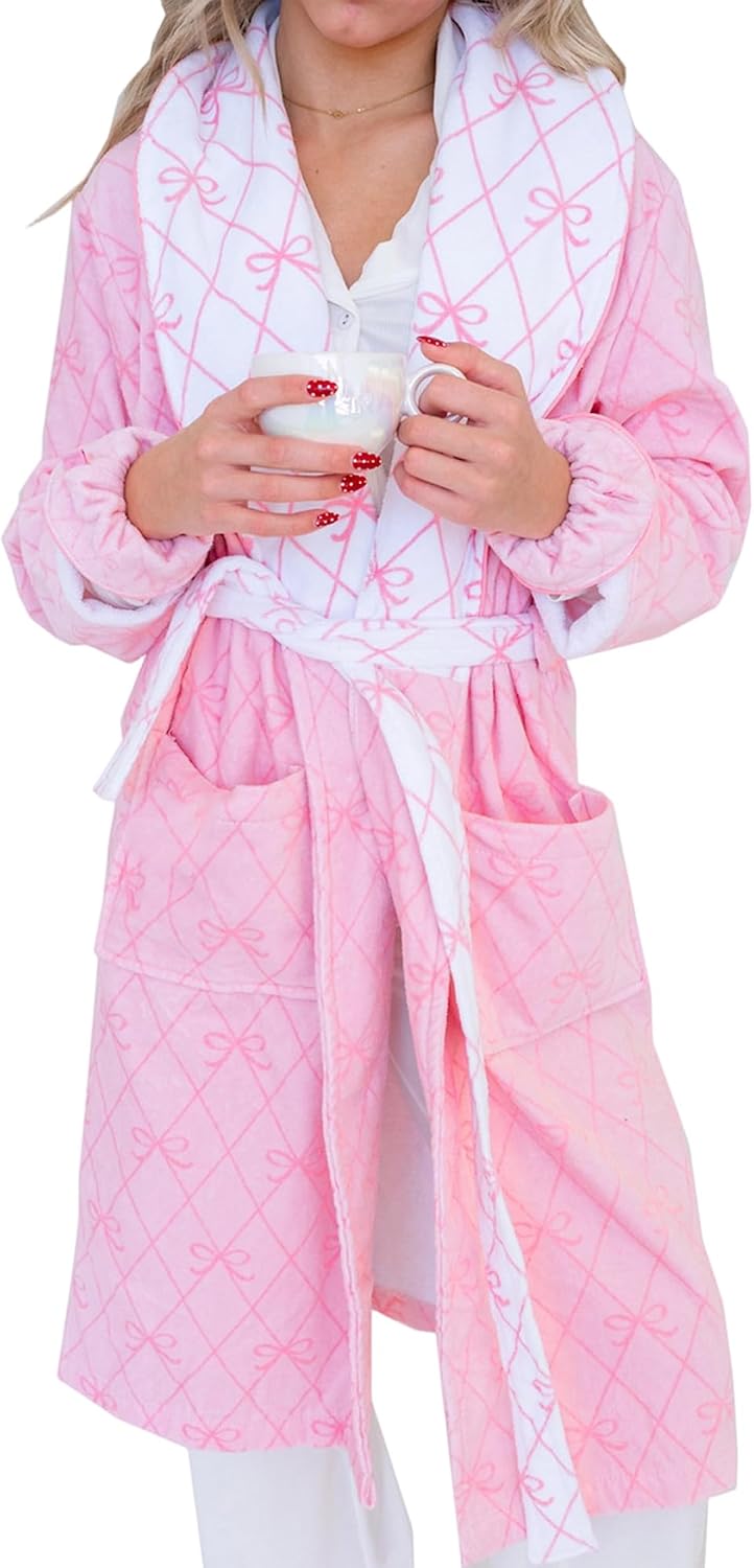 Women Fuzzy Fleece Flannel Lounge Robe Y2k Bow Shawl Collar Dressing Gown Warm Soft Fluffy Bathrobe with Pockets