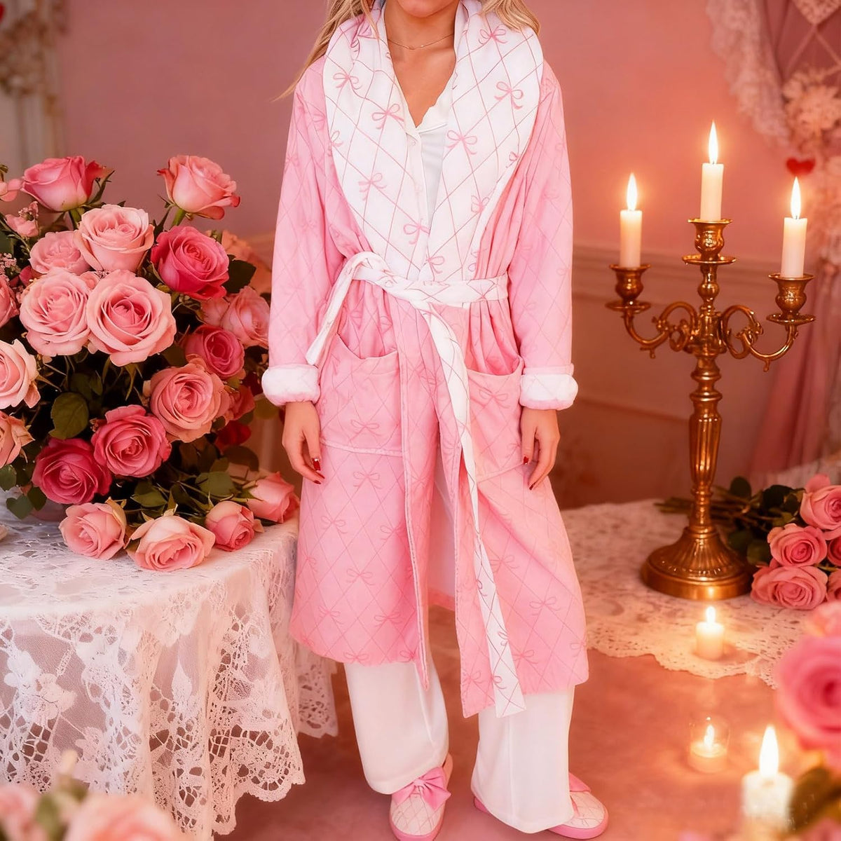Women Fuzzy Fleece Flannel Lounge Robe Y2k Bow Shawl Collar Dressing Gown Warm Soft Fluffy Bathrobe with Pockets