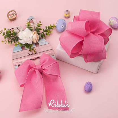 Pink Linen Wired Ribbon, 2-1/2 Inch x 10 Yard, Pink Burlap Wired Ribbon for Easter Wreaths, Big Bows, Gift Wrapping, Christmas Tree Decoration