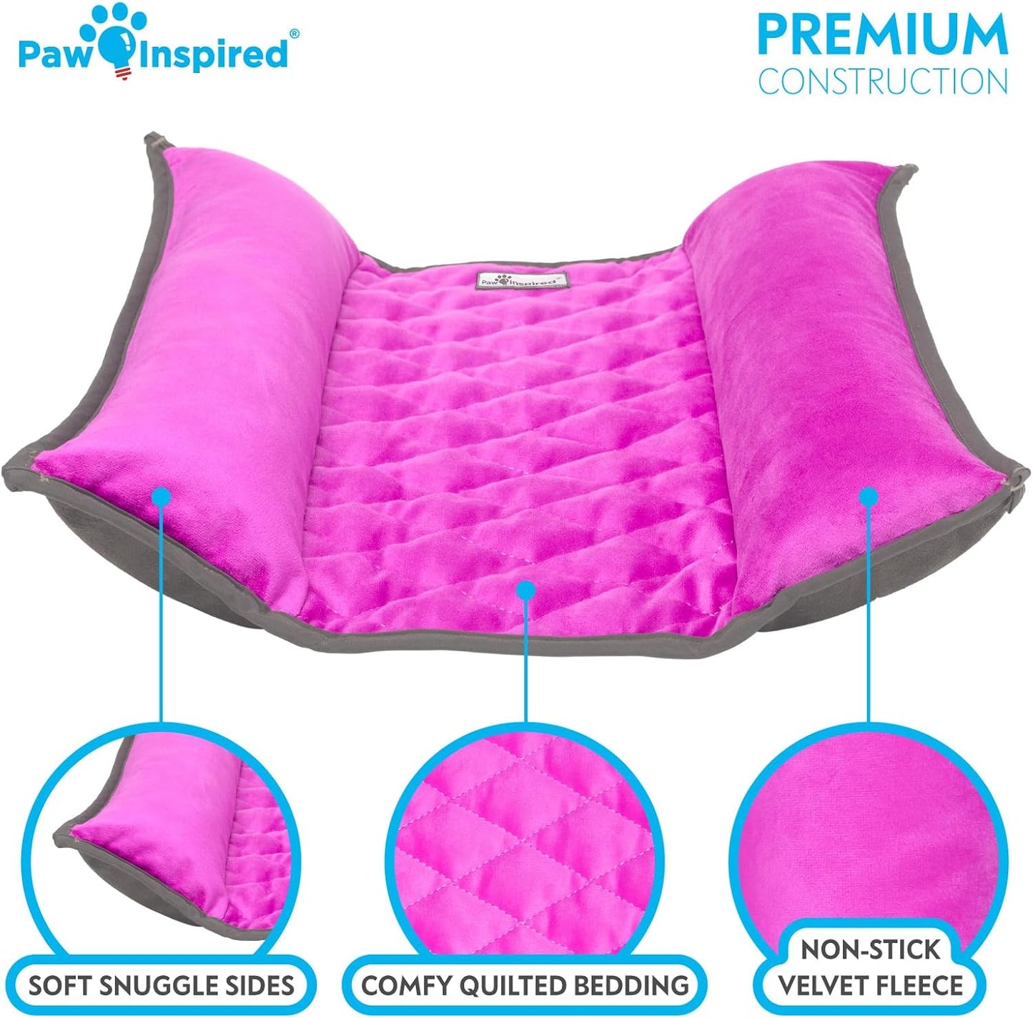Paw Inspired Snuggle Bunny Bolster Bed for Rabbits, Cats, Dogs, Small Pets, 17x17-Inch Reversible Fleece Flop Bedding with Padded Sides (Gray/Pink)