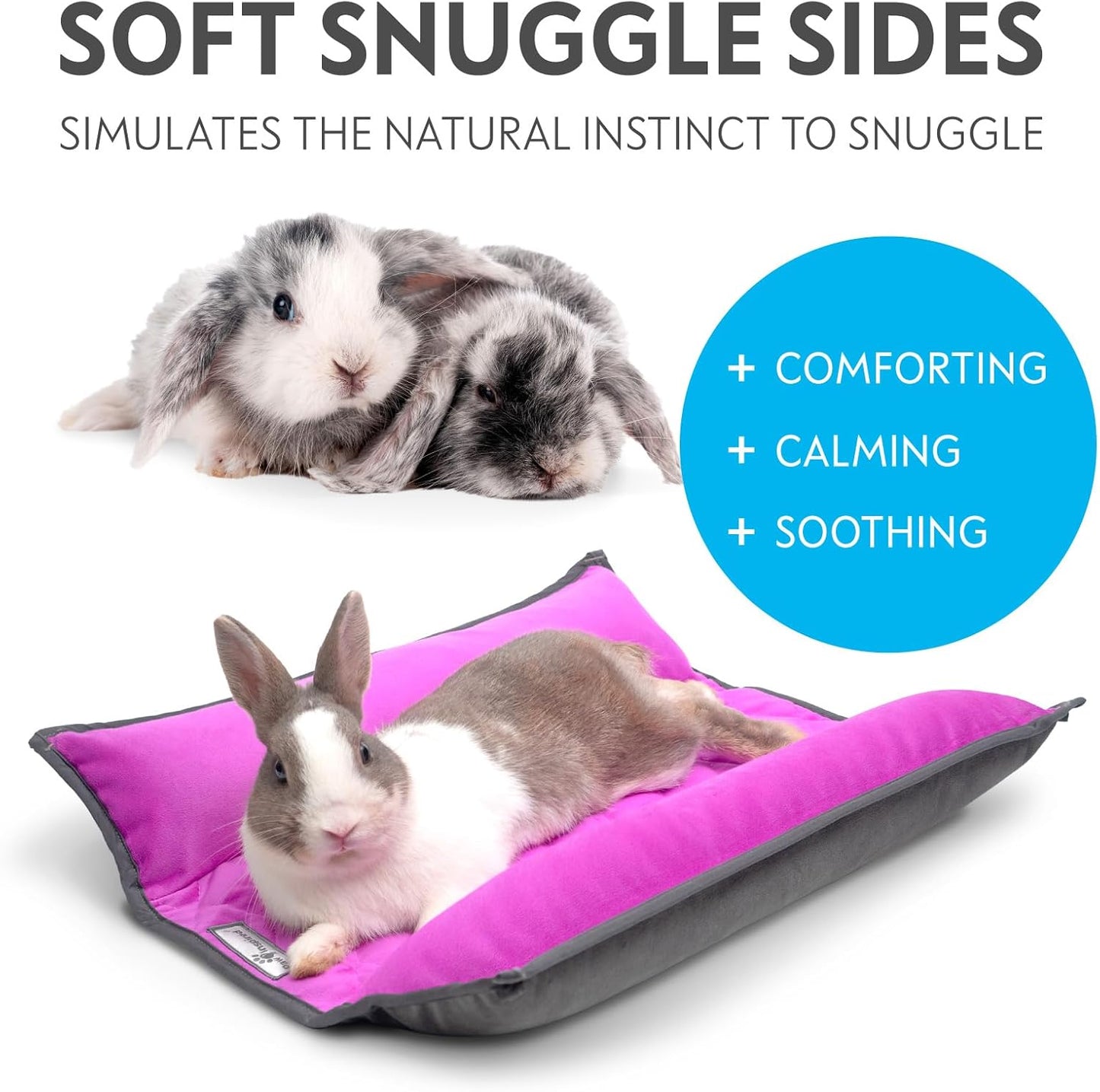 Paw Inspired Snuggle Bunny Bolster Bed for Rabbits, Cats, Dogs, Small Pets, 17x17-Inch Reversible Fleece Flop Bedding with Padded Sides (Gray/Pink)