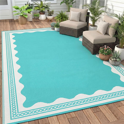 Scalloped Outdoor Patio Rug, 6 x 9 ft Non-Slip Plastic Straw Carpet Indoor Outdoor Area Mat for Outside Rv Camping Deck Pool Beach Porch Backyard (Aqua Blue, White)