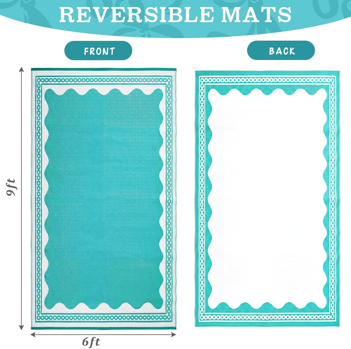Scalloped Outdoor Patio Rug, 6 x 9 ft Non-Slip Plastic Straw Carpet Indoor Outdoor Area Mat for Outside Rv Camping Deck Pool Beach Porch Backyard (Aqua Blue, White)