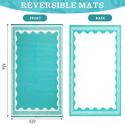 Scalloped Outdoor Patio Rug, 6 x 9 ft Non-Slip Plastic Straw Carpet Indoor Outdoor Area Mat for Outside Rv Camping Deck Pool Beach Porch Backyard (Aqua Blue, White)