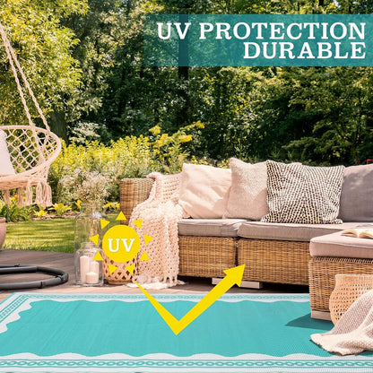 Scalloped Outdoor Patio Rug, 6 x 9 ft Non-Slip Plastic Straw Carpet Indoor Outdoor Area Mat for Outside Rv Camping Deck Pool Beach Porch Backyard (Aqua Blue, White)