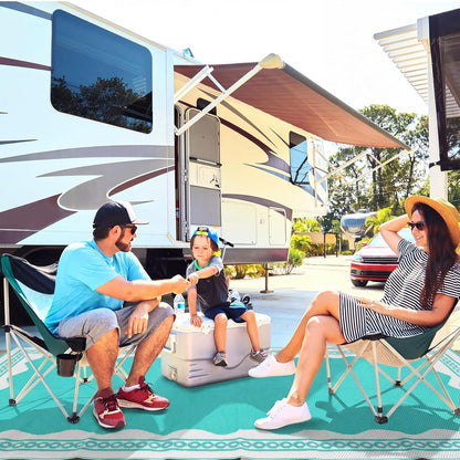 Scalloped Outdoor Patio Rug, 6 x 9 ft Non-Slip Plastic Straw Carpet Indoor Outdoor Area Mat for Outside Rv Camping Deck Pool Beach Porch Backyard (Aqua Blue, White)