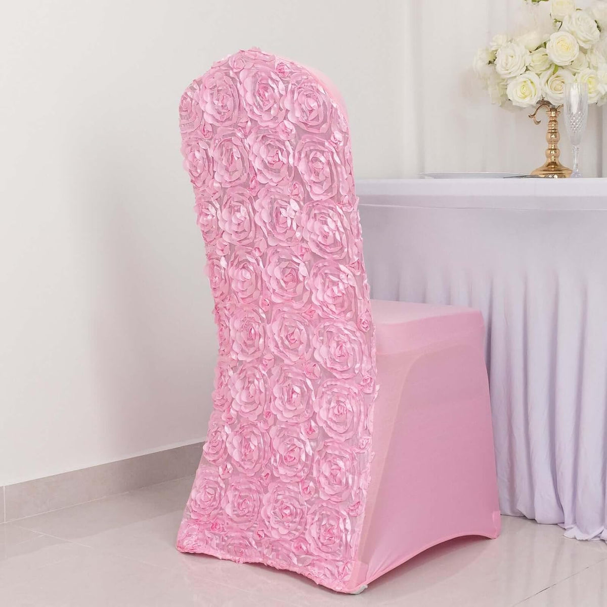 5 PCS White Satin Rosette Spandex Stretch Folding Chair Cover for Party Dining Chairs Wedding W/Foot Pockets Washable Slipcovers for Outdoor Events