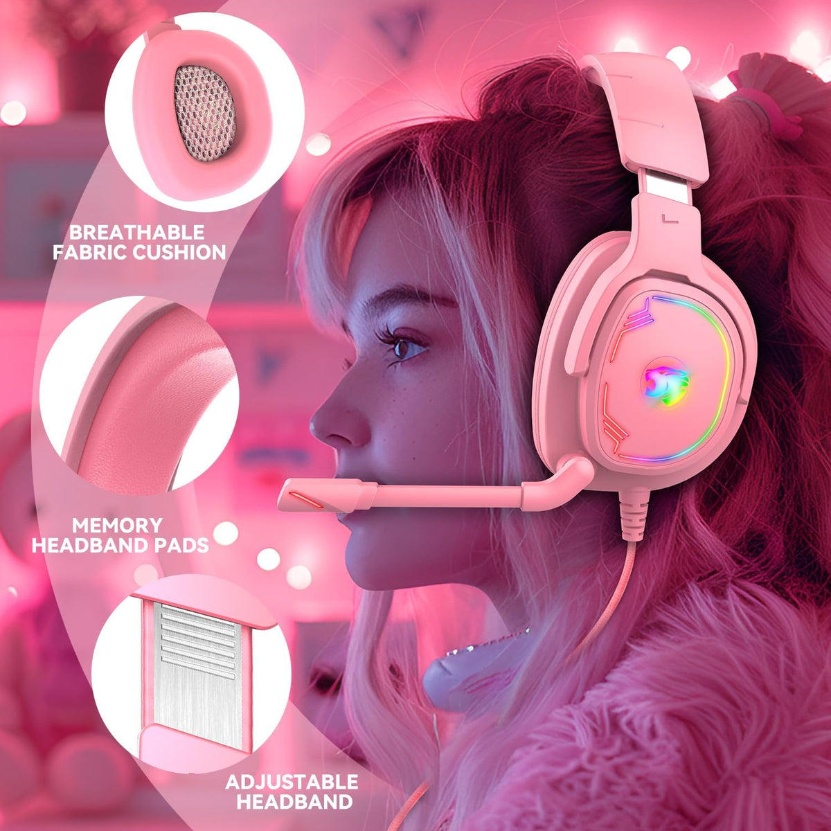 Gaming Headset for PS5 PS4 Xbox Series X|S PC Switch (Pink)