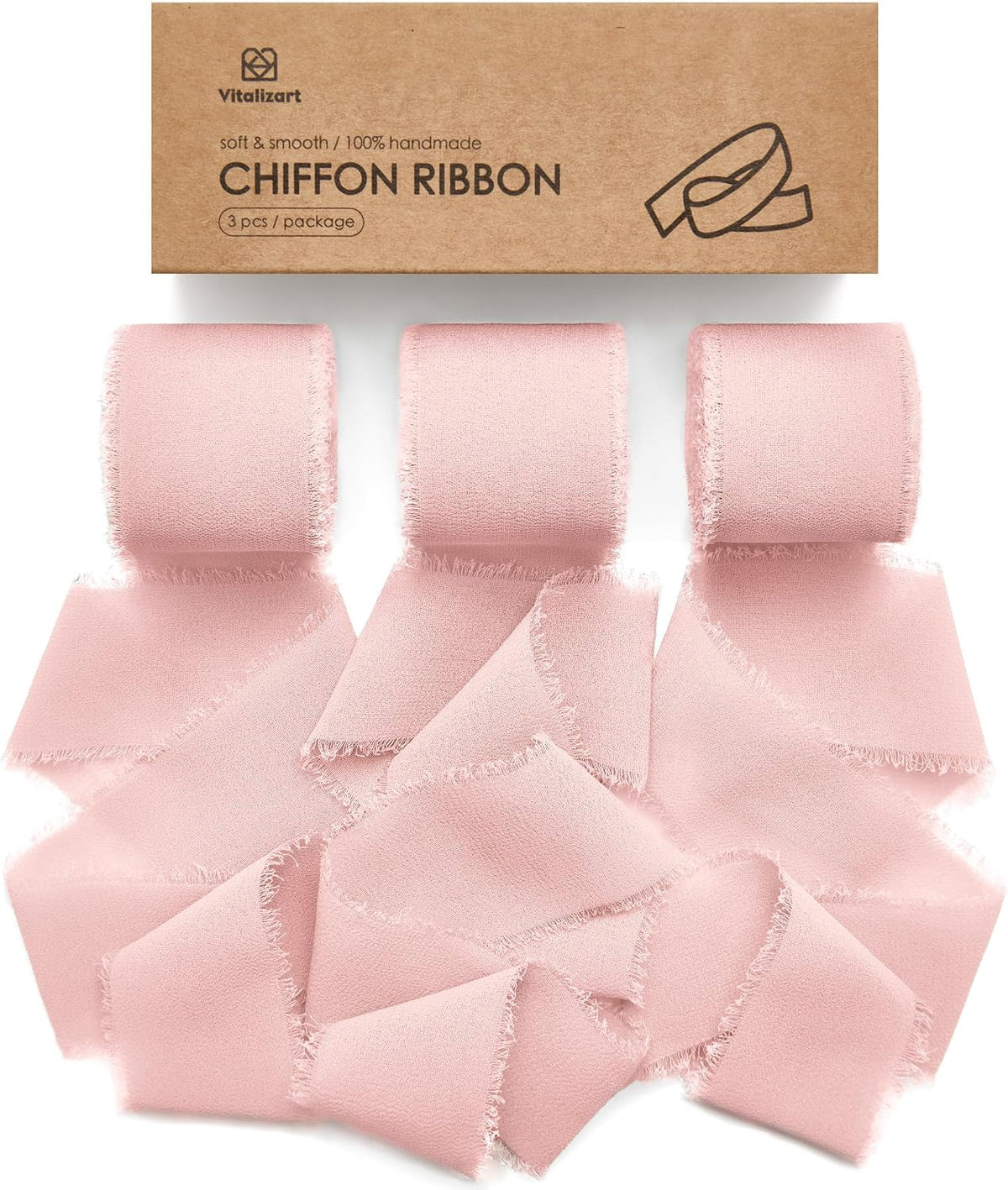 Blush Pink Handmade Chiffon Silk Ribbon Fringe 3 Rolls 1.5" x 21 Yd Frayed Edges Ribbons for Wedding Invitations Bridal Bouquets Gifts Wrapping Crafts Holiday Decor